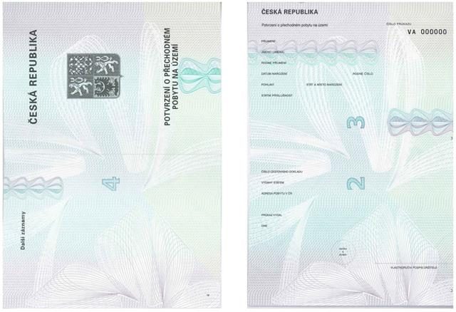 The Czech temporary residence permit for EU citizens: a green folded paper titled Potvrzení o přechodném pobytu na území